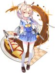  1girl ayanami_(azur_lane) azur_lane blonde_hair blue_skirt brown_eyes brown_footwear eyebrows_visible_through_hair fork full_body hand_on_own_chest loafers long_hair looking_at_viewer official_art ootsuki_momiji ponytail shoes short_sleeves skirt smile solo spoon thigh-highs transparent_background white_legwear 