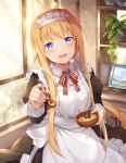  1girl alice_schuberg apron bangs black_dress blonde_hair blue_eyes blush commentary_request dress eyebrows_visible_through_hair food hairband highres holding holding_spoon long_hair looking_at_viewer maid open_mouth revision smile solo soup spoon sword_art_online taro_(ultrataro) very_long_hair white_apron white_hairband window 