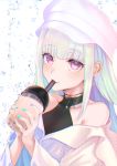  1girl absurdres bangs bare_shoulders blue_hair blunt_bangs breasts bubble_tea cup drinking_glass drinking_straw earrings eyebrows_visible_through_hair hat highres jewelry kisaragi_chiyuki lize_helesta long_hair looking_at_viewer nijisanji smile solo violet_eyes 