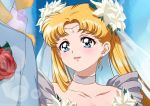  1boy 1girl artist_name bangs bishoujo_senshi_sailor_moon blonde_hair blue_eyes blush bridal_veil choker circlet collarbone commentary derivative_work earrings eyebrows_visible_through_hair flower hair_flower hair_ornament jewelry kaze-hime lens_flare lips long_hair open_mouth out_of_frame parted_bangs portrait red_flower red_rose rose screencap_redraw smile solo_focus stud_earrings tsukino_usagi twintails veil white_choker white_flower 