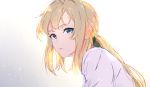  1girl bangs blonde_hair blue_eyes commentary_request ears_visible_through_hair eyebrows_visible_through_hair from_side gradient gradient_background green_ribbon hair_ribbon highres long_hair looking_at_viewer parted_lips ponytail ribbon shirt simple_background solo t-mei upper_body violet_evergarden violet_evergarden_(character) white_shirt 