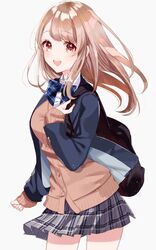  1girl :d backpack bag bangs blazer blue_bow blue_jacket blush bow brown_cardigan cardigan collared_shirt commentary_request eyebrows_visible_through_hair grey_background grey_skirt hand_up highres jacket light_brown_hair long_hair long_sleeves looking_at_viewer misumi_(macaroni) open_blazer open_clothes open_jacket open_mouth original plaid plaid_bow plaid_skirt pleated_skirt red_eyes shirt simple_background skirt sleeves_past_wrists smile solo white_shirt 