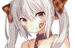  1girl bandage_on_face blood blood_from_mouth chain collar collarbone glasgow_smile grey_hair hair_ribbon injury lolcat_(wng0623) original plaid plaid_ribbon portrait red_eyes ribbon smile solo spaghetti_strap teeth twintails 