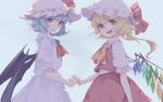  2girls :d ascot bangs bat_wings blonde_hair blue_background blue_hair breasts brooch chishibuki_hiyoko closed_mouth collar collared_dress collared_shirt commentary_request cowboy_shot crystal dress flandre_scarlet frilled_collar frilled_shirt_collar frills hat hat_ribbon holding_hands interlocked_fingers jewelry light_blue_hair looking_at_viewer looking_to_the_side mob_cap multiple_girls one_side_up open_mouth puffy_short_sleeves puffy_sleeves rainbow_order red_eyes red_neckwear red_ribbon red_skirt red_vest remilia_scarlet ribbon shirt short_hair short_hair_with_long_locks short_sleeves siblings sisters skirt skirt_set small_breasts smile touhou vest white_dress white_shirt wings yellow_neckwear 