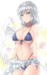  1girl bangs bare_arms bare_shoulders bikini bikini_skirt blue_bikini braid breasts collarbone commentary_request cowboy_shot eyebrows_visible_through_hair feathered_wings flower french_braid front-tie_bikini front-tie_top grey_eyes halterneck highleg highleg_bikini highres kishin_sagume large_breasts looking_at_viewer navel purple_flower short_hair silver_hair single_wing solo standing stomach swimsuit thighs touhou white_background white_wings wings y2 