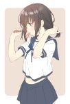  1girl adjusting_hair bangs blue_eyes blue_neckwear blue_skirt blush brown_hair comb eyebrows_visible_through_hair fubuki_(kantai_collection) hair_tie highres holding holding_comb kantai_collection mouth_hold neck_ribbon ribbon sailor_collar school_uniform serafuku shiosoda short_sleeves sidelocks simple_background skirt solo 