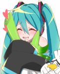  1boy 1girl aqua_hair bare_shoulders beak bird black_sleeves blush closed_eyes crossover crying detached_sleeves drooling hair_ornament happy hatsune_miku headphones heart highres holding_spring_onion long_hair open_mouth pokemon sirfetch&#039;d smile spring_onion supo01 sweatdrop tears translated twintails upper_body very_long_hair vocaloid white_bird wiping_tears 