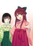  2girls :d bangs black_bow black_hair blush bow brown_background brown_eyes brown_hair chiune_(yachi) copyright_request eyebrows_visible_through_hair gradient gradient_background green_hakama hair_bow hakama highres japanese_clothes kimono long_hair multiple_girls open_mouth outstretched_arm pink_kimono pointing pointing_at_viewer print_kimono red_hakama short_hair smile v-shaped_eyebrows violet_eyes white_background 