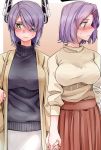  2girls absurdres alternate_costume bangs blush breasts closed_mouth eyepatch fingernails headgear highres holding_hands jacket kantai_collection large_breasts long_sleeves multiple_girls purple_hair red_skirt short_hair simple_background skirt sweat sweater tadd_(tatd) tatsuta_(kantai_collection) tenryuu_(kantai_collection) turtleneck turtleneck_sweater yellow_eyes 