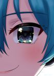  1girl absurdres backlighting blue_eyes blue_hair blush close-up clouds commentary face hatsune_miku highres lipstick looking_at_viewer makeup night night_sky reflection sky smile solo star_(sky) starry_sky sunrise tatyaoekaki twitter_username vocaloid 