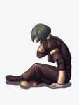  1boy black_footwear boots closed_eyes dirty_clothes dirty_face fire_emblem fire_emblem:_three_houses full_body garreg_mach_monastery_uniform green_hair hand_on_own_neck highres linhardt_von_hevring long_sleeves medium_hair moyashi_mou2 open_mouth pants ponytail profile rubbing_neck shadow simple_background sitting solo white_background 