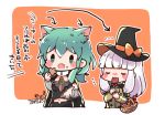  2girls animal_ears basket blush_stickers byleth_(fire_emblem) byleth_eisner_(female) byleth_eisner_(female) candy cape cat_ears closed_eyes dated female_my_unit_(fire_emblem:_three_houses) fire_emblem fire_emblem:_three_houses fire_emblem:_three_houses fire_emblem_16 food garreg_mach_monastery_uniform green_eyes green_hair hat holding_lollipop intelligent_systems kona_sleipnir loli lollipop long_hair long_sleeves lysithea_von_ordelia medium_hair multiple_girls my_unit_(fire_emblem:_three_houses) nintendo open_mouth orange_background simple_background uniform upper_body white_hair witch_hat young_adult 