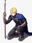  1boy armored_boots blonde_hair boots cape dimitri_alexandre_blaiddyd dirty_clothes dirty_face fire_emblem fire_emblem:_three_houses full_body garreg_mach_monastery_uniform gauntlets grey_eyes highres knee_boots kneeling lance long_sleeves moyashi_mou2 pants polearm scabbard shadow sheath sheathed short_hair simple_background solo spear sweatdrop sword weapon white_background 