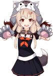  1girl :d absurdres animal_hood black_serafuku black_skirt blonde_hair commentary_request hair_flaps hair_ornament hairclip highres hood ichi kantai_collection long_hair neckerchief open_mouth paws pleated_skirt red_eyes red_neckwear remodel_(kantai_collection) school_uniform serafuku short_sleeves simple_background skirt smile solo v-shaped_eyebrows white_background yuudachi_(kantai_collection) 