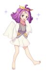  1girl :d acerola_(pokemon) ahoge ash_blossom_&amp;_joyous_spring ash_blossom_&amp;_joyous_spring_(cosplay) barefoot bow cosplay drawfag full_body hair_bow hand_up highres looking_at_viewer open_mouth pokemon pokemon_(game) pokemon_sm purple_hair simple_background smile solo trial_captain violet_eyes white_background wide_sleeves yellow_bow yuu-gi-ou 