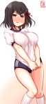  1girl alternate_costume artist_logo black_hair blue_buruma blush brown_eyes buruma commentary_request dated embarrassed feet_out_of_frame gym_uniform haguro_(kantai_collection) hair_ornament highres kanon_(kurogane_knights) kantai_collection kneehighs shirt shirt_pull short_hair simple_background solo standing t-shirt white_background white_legwear white_shirt 