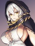  1girl bangs breasts bright_pupils code_vein covered_nipples eyebrows_visible_through_hair gradient gradient_background hair_between_eyes hood hood_up io_(code_vein) large_breasts moppo no_bra open_mouth short_hair sideboob solo torn_clothes upper_body white_hair yellow_eyes 