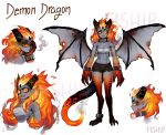  1girl absurdres artist_name black_shorts character_sheet claws collar commentary dragon_girl dragon_wings english_commentary fiery_hair grey_skin highres horns long_hair matilda_fiship monster_girl multiple_views original paws pointy_ears red_eyes sarashi scales sharp_teeth short_shorts shorts simple_background tail teeth white_background wings yellow_sclera 
