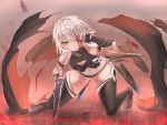  1girl artist_name ass_visible_through_thighs bandaged_arm bandages bare_shoulders black_gloves black_legwear black_panties blood blood_on_face breasts eyebrows_visible_through_hair fate/apocrypha fate_(series) fingerless_gloves gloves green_eyes grey_hair highres holding holding_knife holding_weapon jack_the_ripper_(fate/apocrypha) kneeling knife navel open_mouth panties satsuki_(swkerc) scar short_hair single_glove small_breasts tattoo thigh-highs underwear weapon 