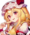  1girl :d ainy77 artist_name ascot bangs blonde_hair blush candy commentary_request eyebrows_visible_through_hair fang flandre_scarlet food frilled_ascot frilled_shirt_collar frills hair_between_eyes hand_up hat hat_ribbon head_tilt holding holding_food lollipop long_hair looking_at_viewer mob_cap nail_polish one_side_up open_mouth puffy_short_sleeves puffy_sleeves red_eyes red_nails red_ribbon red_vest ribbon shirt short_sleeves sidelocks simple_background smile solo touhou twitter_username upper_body vest white_background white_headwear white_shirt wings wrist_cuffs yellow_neckwear 