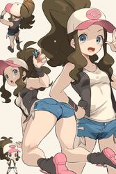  1girl ass baseball_cap black_vest blue_eyes blush brown_hair chibi chorimokki cowboy_shot curly_hair cutoffs denim denim_shorts exposed_pocket from_above from_behind hand_on_hip hat high_ponytail holding long_hair looking_at_viewer multiple_views on_ground open_mouth pokemon pokemon_(game) pokemon_bw pokemon_masters ponytail shirt short_shorts shorts sidelocks simple_background sleeveless sleeveless_shirt smile standing thighs touko_(pokemon) vest white_shirt wristband 