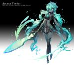  1girl apple_caramel aqua_hair arcana_tactics black_legwear breasts company_name copyright_name full_body gem gradient green_eyes grey_skin hair_between_eyes highres holding holding_sword holding_weapon long_hair looking_at_viewer midriff official_art simple_background small_breasts solo standing sword twintails very_long_hair watermark weapon 