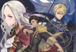  1girl 2boys arrow artist_name blonde_hair blue_cape blue_eyes bow_(weapon) brown_hair cape claude_von_riegan closed_mouth dark_skin dark_skinned_male dimitri_alexandre_blaiddyd edelgard_von_hresvelg fire_emblem fire_emblem:_three_houses garreg_mach_monastery_uniform green_eyes hair_ribbon highres holding holding_bow_(weapon) holding_weapon long_hair long_sleeves multiple_boys parted_lips ribbon short_hair uniform violet_eyes weapon yellow_cape yume_ou 