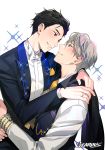  2boys artist_name black_hair blue_eyes blush bow bowtie brown_eyes collared_shirt eye_contact formal gearous hair_slicked_back highres jewelry katsuki_yuuri looking_at_another male_focus multiple_boys necktie ring shirt silver_hair smile sparkle suit viktor_nikiforov waistcoat yaoi yuri!!!_on_ice 