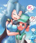  !? ... 1boy 1girl @_@ ^_^ baseball_cap blonde_hair blue_sky blush blush_stickers bodysuit breasts cape closed_eyes clouds commentary_request day happy hat heart highres ibuki_(pokemon) jealous kingdra open_mouth pokemon pokemon_(game) pokemon_masters ponytail sky smile thought_bubble wavy_mouth 