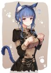  1girl animal_ear_fluff animal_ears bangs blue_hair blunt_bangs blush braid breasts brown_background brown_eyes cat_ears cat_girl closed_mouth commentary_request cowboy_shot crown_braid double-breasted eyebrows_visible_through_hair fire_emblem fire_emblem:_three_houses flying_sweatdrops frown garreg_mach_monastery_uniform highres kemonomimi_mode large_breasts long_sleeves looking_at_viewer marianne_von_edmund paw_background paw_pose school_uniform se-u-ra short_hair solo 