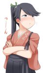  1girl :t anchor_symbol black_eyes black_hair blush crossed_arms hakama houshou_(kantai_collection) imagawa_akira japanese_clothes kantai_collection looking_to_the_side ponytail pout solo upper_body 