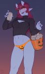  1girl 2019 :d absurdres aoi_(ittla) artist_name bangs beer_can black_nails black_sweater blue_skin blush breasts bucket can cleavage_cutout commentary english_commentary eyebrows_visible_through_hair gradient gradient_background groin hair_between_eyes halloween highres holding holding_can ittla jack-o&#039;-lantern_print long_hair long_sleeves looking_at_viewer navel no_pants oni oni_horns open_mouth orange_eyes orange_panties original panties print_panties redhead ribbed_sweater sharp_teeth simple_background slit_pupils smile solo sweater teeth thick_eyebrows turtleneck turtleneck_sweater underwear 