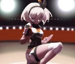  1girl covered_navel fighting_stance gloves gym_leader hairband highres leg_up looking_at_viewer midriff pointing pointing_at_viewer poke_ball pokemon pokemon_(game) pokemon_swsh saitou_(pokemon) short_shorts shorts single_glove solo sportswear white_hair 