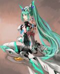  1girl arms_behind_back bound bound_arms breasts earrings from_behind green_eyes green_hair hands_together high_heels highres jewelry large_breasts long_hair pneuma_(xenoblade) ponytail sitting tim_(a9243190a) wariza xenoblade_(series) xenoblade_2 