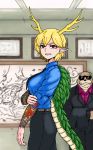  1girl alternate_costume blonde_hair blue_shirt business_suit dragon_horns dragon_tail ear_clip formal formicid horns irezumi kicchou_yachie necktie otter_spirit_(touhou) shirt suit tail tattoo touhou yakuza 