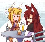  2girls :d :t =3 animal_ear_fluff animal_ears bangs beer_mug blonde_hair blue_background blush breasts brown_hair chair commentary cup double_bun dress drinking_glass drinking_straw english_commentary eyelashes fang feet_out_of_frame finger_to_chin flying_sweatdrops from_behind hair_between_eyes hair_ribbon halftone halftone_background hand_up ice ice_cube imaizumi_kagerou joutouguu_mayumi long_sleeves looking_at_another multiple_girls nail_polish open_mouth puffy_short_sleeves puffy_sleeves red_eyes red_nails ribbon shirt short_hair short_sleeves sitting small_breasts smile table touhou upper_body vambraces white_background white_dress white_ribbon white_shirt wolf_ears wool_(miwol) yellow_dress yellow_eyes 