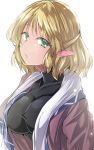  1girl bangs black_shirt blonde_hair breasts brown_shirt commentary_request eyebrows_visible_through_hair green_eyes highres large_breasts looking_at_viewer mizuhashi_parsee open_clothes open_shirt parted_lips pointy_ears shirt short_hair simple_background solo touhou upper_body white_background y2 
