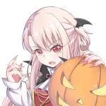  1girl absurdres bangs black_cape cape eyebrows_visible_through_hair fang fate/kaleid_liner_prisma_illya fate_(series) fingernails glowing hair_between_eyes halloween hands_up highres illyasviel_von_einzbern jack-o&#039;-lantern light_brown_hair long_fingernails long_hair long_sleeves looking_at_viewer nail_polish one_side_up open_mouth pink_nails red_eyes sharp_fingernails shirt simple_background sleeves_past_wrists solo upper_body white_background white_shirt wing_hair_ornament zongren 