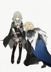 1boy 1girl absurdres bangs black_cape black_footwear black_gloves black_shorts blonde_hair blue_cape blue_eyes boots breasts byleth_(fire_emblem) byleth_eisner_(female) cape dimitri_alexandre_blaiddyd eyebrows_behind_hair fire_emblem fire_emblem:_three_houses flower fur-trimmed_cape fur_trim gloves greaves green_eyes green_hair grey_background hair_between_eyes hand_on_own_knee hetero highres holding holding_flower knee_boots long_hair navel one_knee pink_flower profile short_shorts short_sleeves shorts simple_background sitting small_breasts vambraces zhibuji_loom