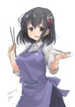  1girl artist_name black_hair black_skirt brown_eyes chopsticks cowboy_shot dated dress_shirt fyuo haguro_(kantai_collection) hair_ornament highres kantai_collection long_sleeves looking_at_viewer plate pleated_skirt purple_apron shirt short_hair simple_background skirt sleeves_rolled_up smile solo white_background white_shirt 