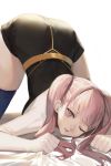  1girl absurdres arm_support ass bed_sheet black_dress blue_legwear blush dress fire_emblem fire_emblem:_three_houses garreg_mach_monastery_uniform highres hilda_valentine_goneril jam_(nandade) long_hair looking_at_viewer one_eye_closed parted_lips pink_eyes pink_hair school_uniform sheet_grab short_sleeves simple_background solo spread_legs thigh-highs top-down_bottom-up twintails white_background 