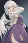  1girl arm_up bangs belt breasts brown_belt commentary_request cowboy_shot dress eyebrows_visible_through_hair feathered_wings grey_background grey_jacket highres jacket kishin_sagume looking_at_viewer medium_breasts open_clothes open_jacket purple_dress red_eyes short_hair silver_hair single_wing solo standing touhou usotsuki_penta white_wings wings 