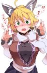  1girl ahoge animal_ear_fluff animal_ears bangs black_skirt blonde_hair blush brown_shirt claw_pose commentary_request ear_blush eyebrows_visible_through_hair fake_animal_ears furorina green_eyes hair_between_eyes hands_up highres long_sleeves looking_at_viewer mizuhashi_parsee nose_blush open_mouth pointy_ears sash scarf shirt short_hair simple_background skirt solo speech_bubble touhou translation_request upper_body white_background white_sash white_scarf wolf_ears 