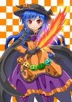  1girl :&gt; alternate_costume black_cape black_gloves blue_hair blush boots bow bowtie cape checkered checkered_background commentary cross-laced_footwear dress eyebrows_visible_through_hair feet_out_of_frame gloves hair_ornament halloween halloween_costume hat highres hinanawi_tenshi holding holding_weapon jack-o&#039;-lantern jack-o&#039;-lantern_hair_ornament layered_dress long_hair looking_at_viewer orange_background orange_dress purple_footwear purple_neckwear purple_skirt red_eyes sidelocks skirt smile solo standing sugiyama_ichirou sword_of_hisou team_shanghai_alice touhou two-tone_background very_long_hair weapon white_background 