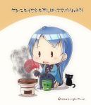  black_cat black_legwear blue_hair bucket cat chibi cooking fan happi japanese_clothes kantai_collection long_hair mae_(maesanpicture) paper_fan samidare_(kantai_collection) simple_background smoke solid_oval_eyes thigh-highs uchiwa very_long_hair 
