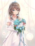  1girl absurdres blue_eyes blush bride brown_hair dress elbow_gloves flower gloves hair_between_eyes hair_ornament highres jewelry long_hair na_kyo necklace original smile solo twintails wedding_dress white_dress white_gloves 