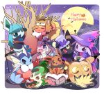  azuma_minatsu bandages bare_tree basket blush candy climbing cloak closed_eyes clothed_pokemon cosplay crescent eevee espeon facing_away facing_viewer flareon food gen_1_pokemon gen_2_pokemon gen_4_pokemon gen_6_pokemon glaceon halloween halloween_costume happy_halloween hat in_tree jack-o&#039;-lantern jolteon leafeon lollipop looking_at_viewer lying moon mummy_costume no_humans on_stomach one_eye_closed outline outside_border pocky pokemon pokemon_(creature) pumpkin purple_headwear rounded_corners sitting smile sploot swirl_lollipop sylveon top_hat tree umbreon vaporeon white_outline witch_hat 