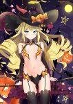  1girl absurdres azur_lane black_headwear black_legwear blonde_hair blue_eyes bow breasts curly_hair drill_hair fengyue_jiang flat_chest garter_straps halloween hat highres jack-o&#039;-lantern midriff multiple_hat_bows navel quad_drills revealing_clothes showgirl_skirt small_breasts smalley_(azur_lane) smalley_(candy_courier)_(azur_lane) solo witch_hat yellow_bow 