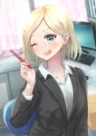  1girl absurdres bangs blonde_hair blue_eyes blush chair formal highres indoors mixyuto monitor office_lady one_eye_closed open_mouth original parted_bangs pen short_hair sitting solo suit upper_body 