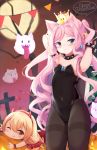  &gt;_&lt; 2girls :3 ;q absurdres animal_ear_fluff animal_ears arms_up bangs bare_tree black_collar black_leotard blonde_hair blush boo bowsette bracelet breasts brown_eyes brown_legwear cat_ears character_request closed_mouth collar commentary_request covered_navel crown demon_girl demon_horns demon_tail earrings eyebrows_behind_hair eyebrows_visible_through_hair fake_horns full_moon ghost green_eyes groin hairband hands_in_hair happy_halloween highres horns jack-o&#039;-lantern jewelry leotard long_hair looking_at_viewer low_twintails super_mario_bros. mini_crown moon multiple_girls new_super_mario_bros._u_deluxe nyatrix one_eye_closed pantyhose parted_bangs pennant pink_hair red_hairband small_breasts smile spiked_armlet spiked_bracelet spiked_collar spiked_shell spikes strapless strapless_leotard string_of_flags super_crown tail thick_eyebrows thighband_pantyhose tongue tongue_out tree turtle_shell twintails very_long_hair 